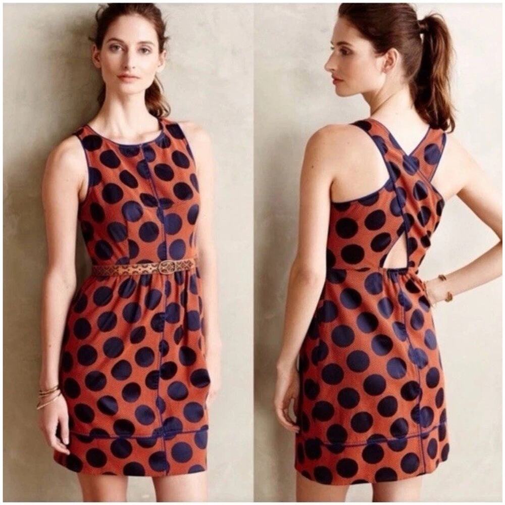 Anthropologie Maeve - Rokin Polka Dot Blue Crisscross Back Casual Dress sz 0
